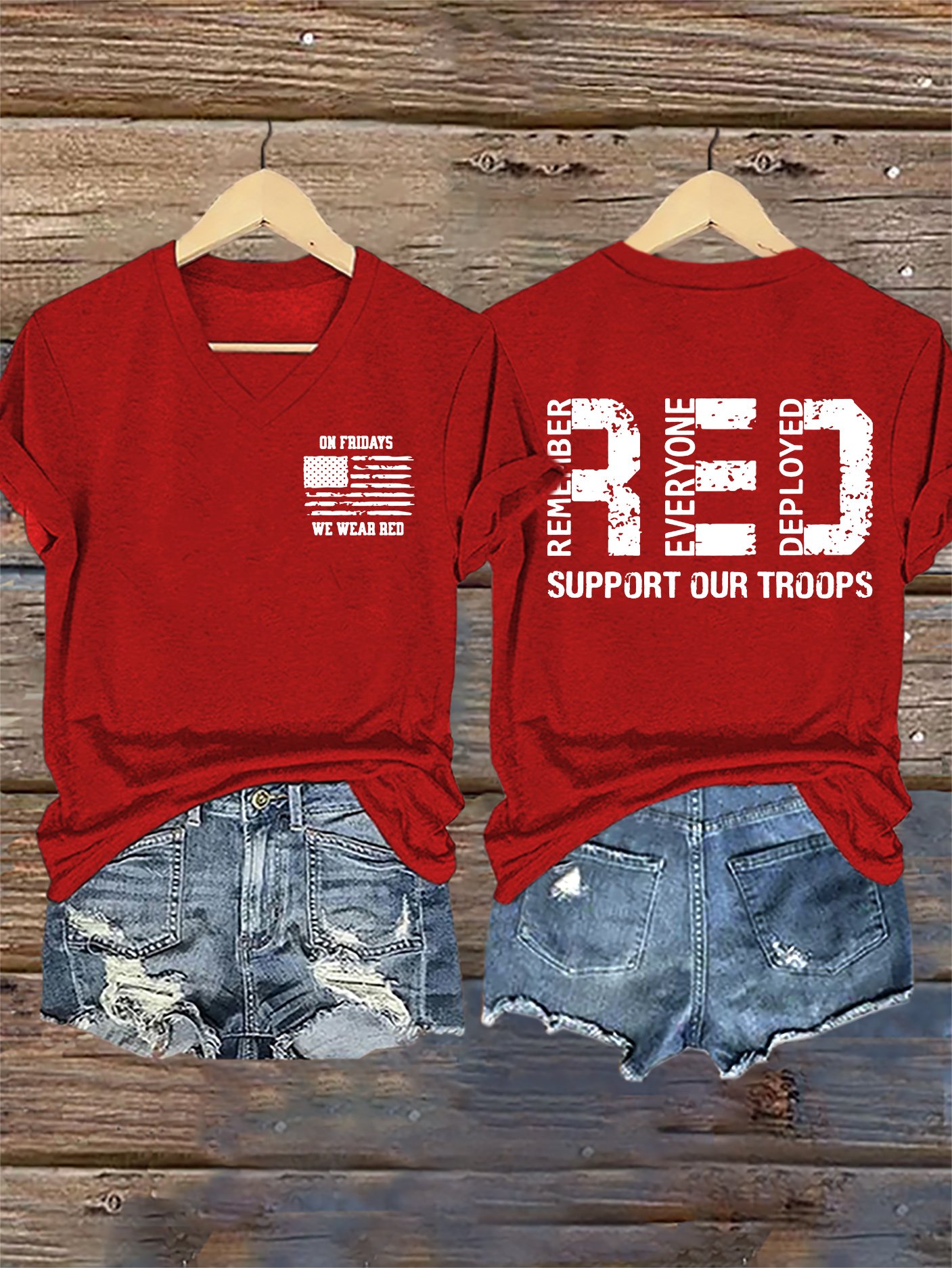 Women's On Fridays We Wear RED Remember Everyone Deployed Print V Neck T-shirt
