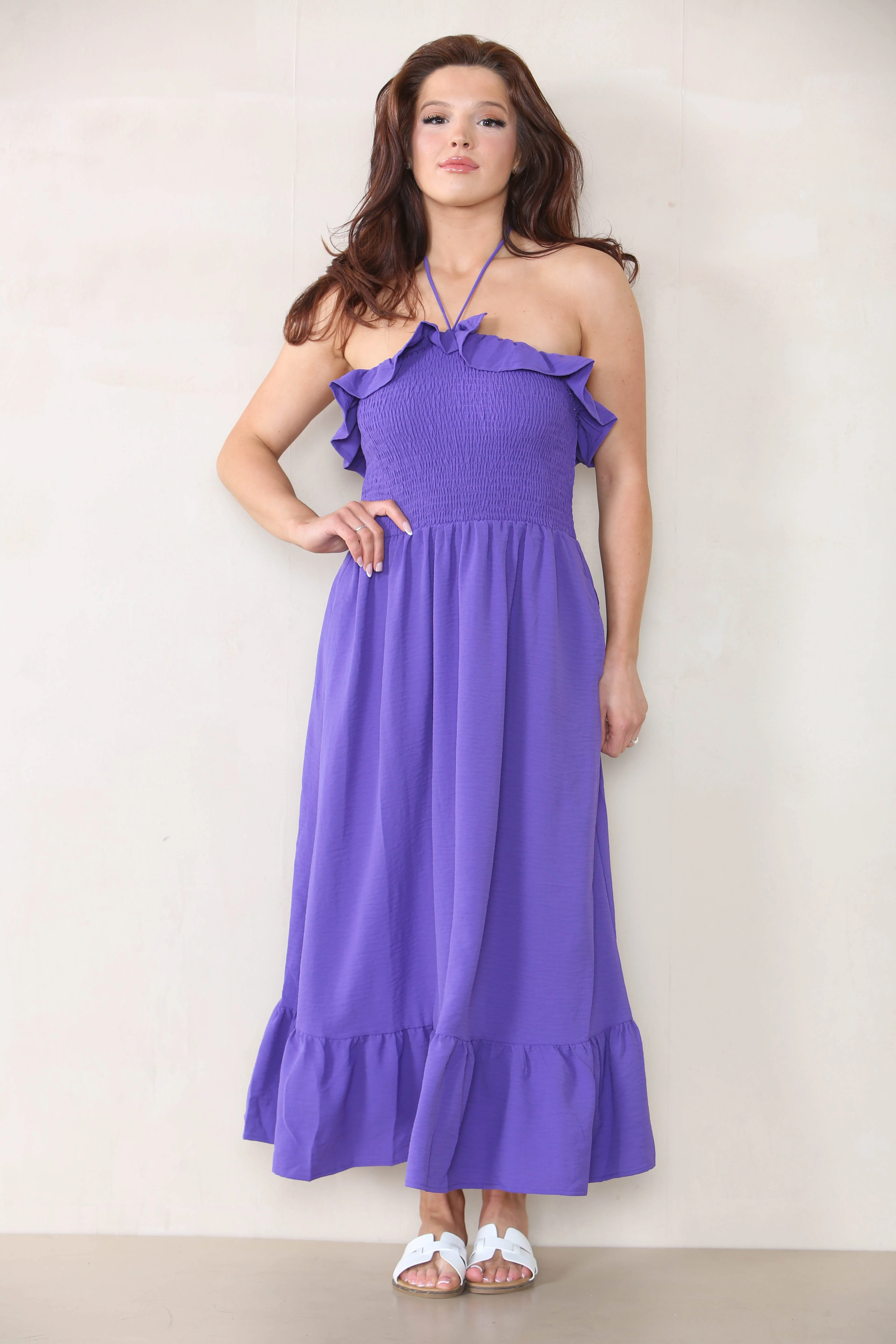 Lovely Plain Sleeveless Frill Front Tie Pleated Maxi Dress