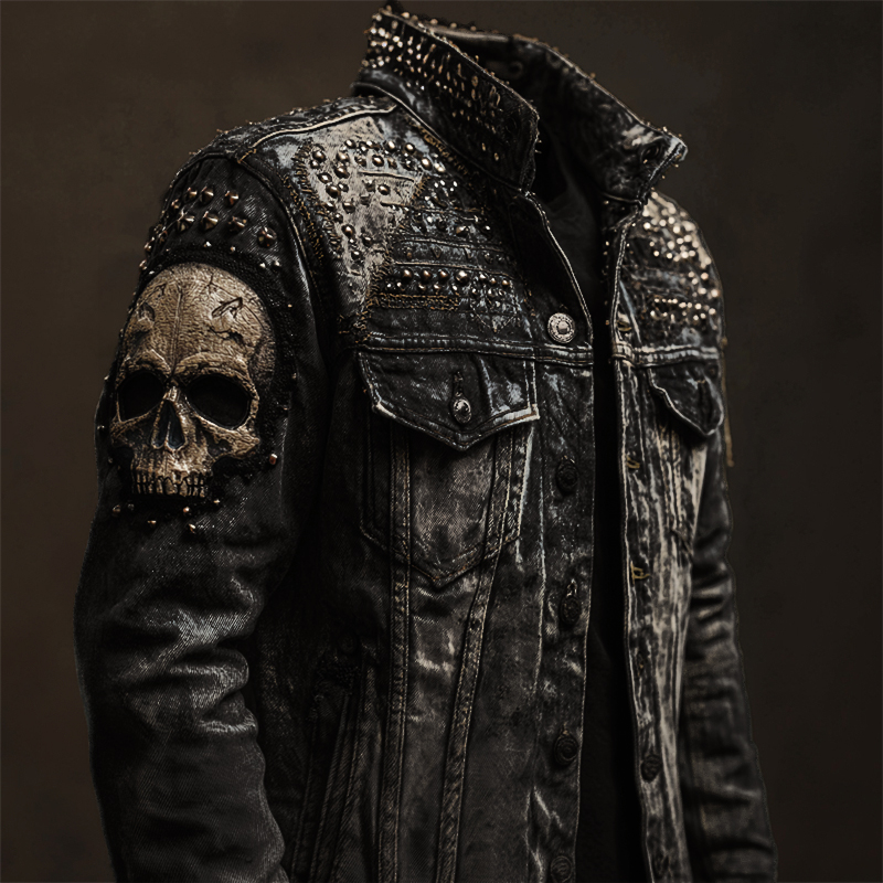 Men's Vintage Rock Skull Studded Washed Denim Jacket