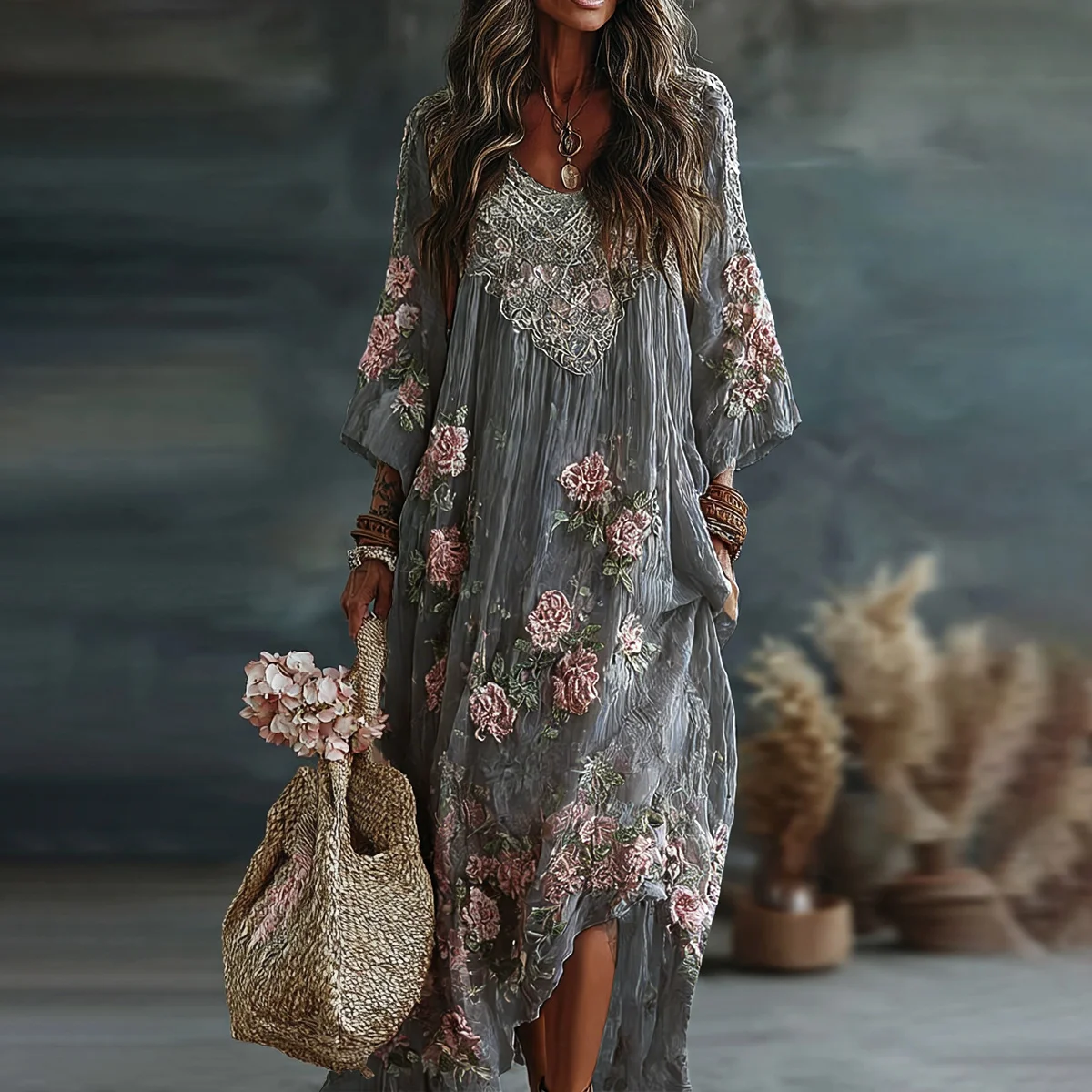 Women's Vintage Floral Art Flowy Linen Blend Casual Long Sleeve Maxi Dress