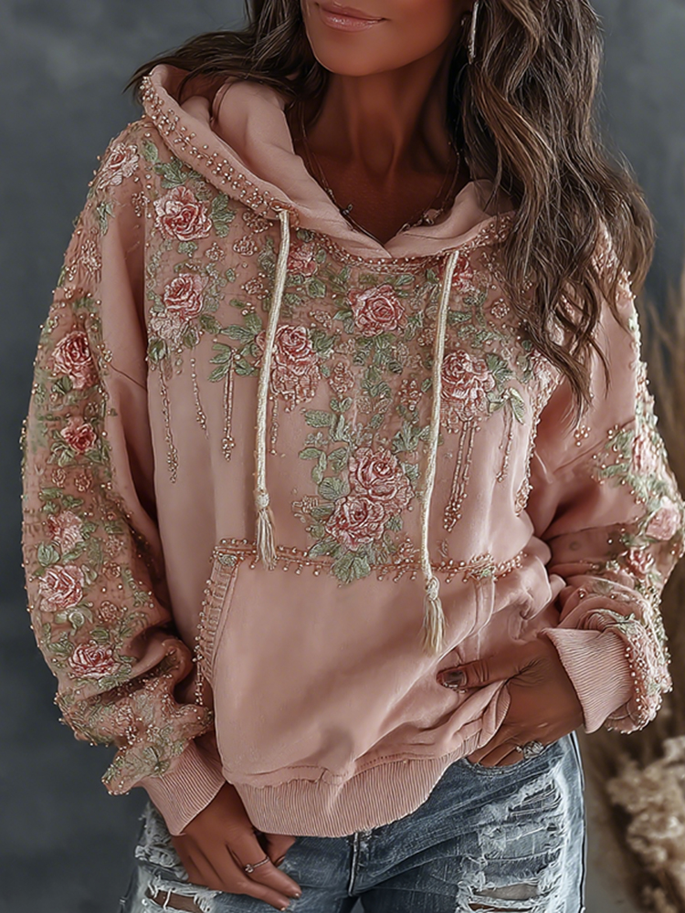Women's Retro Floral Embroidered Art Print Casual Hoodie