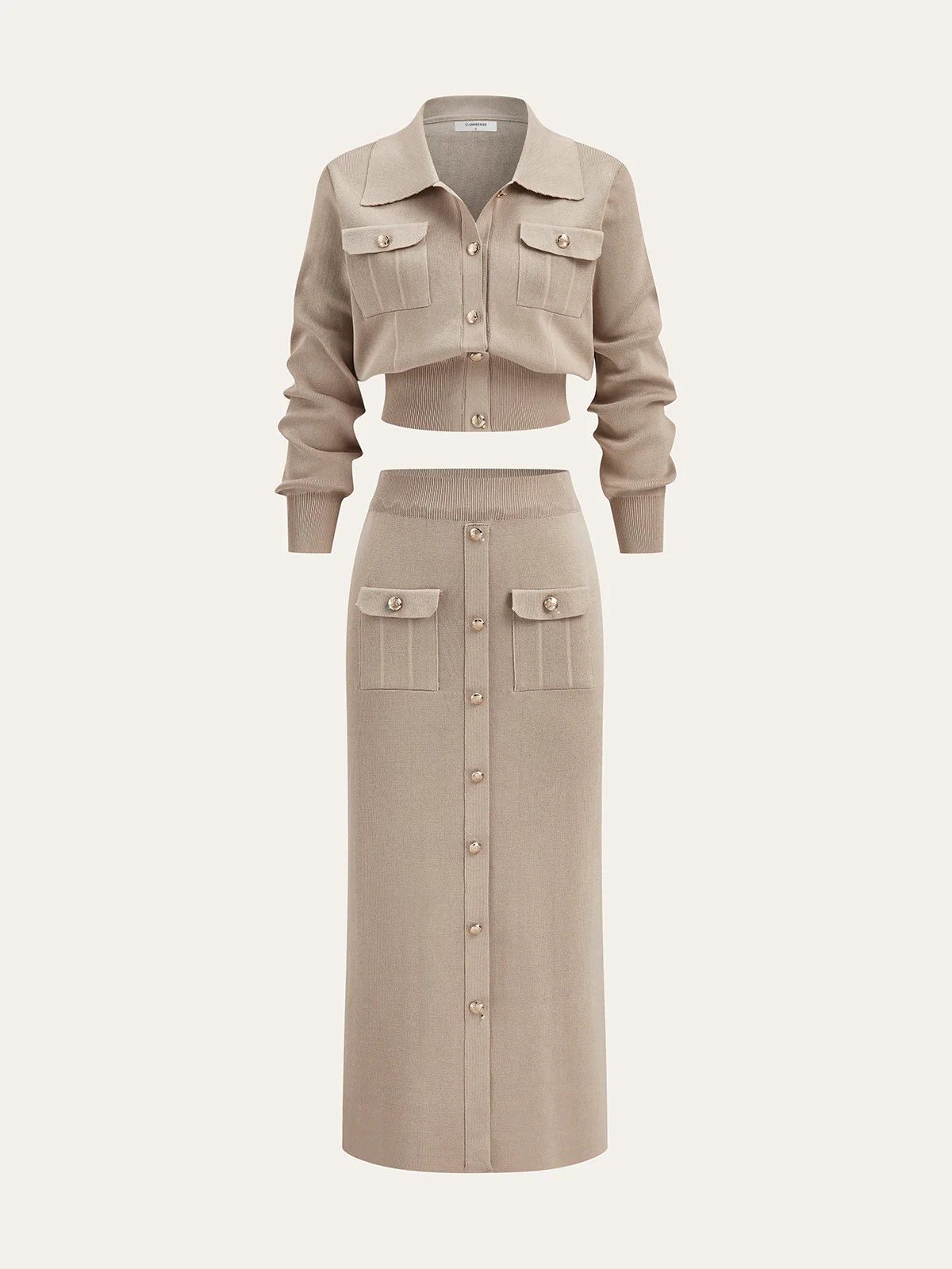 Metal Button Collared Cardigan and Midi Skirt Set