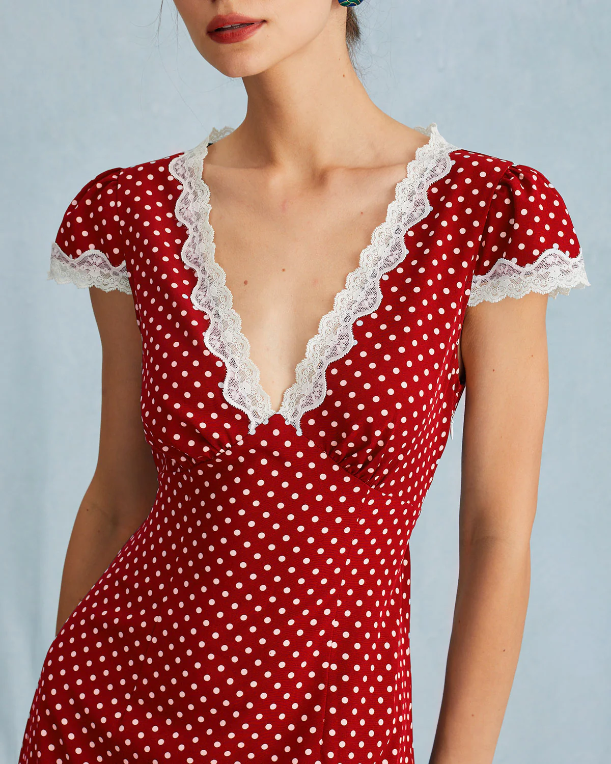 The Red V Neck Polka Dot Lace Ruched Maxi Dress