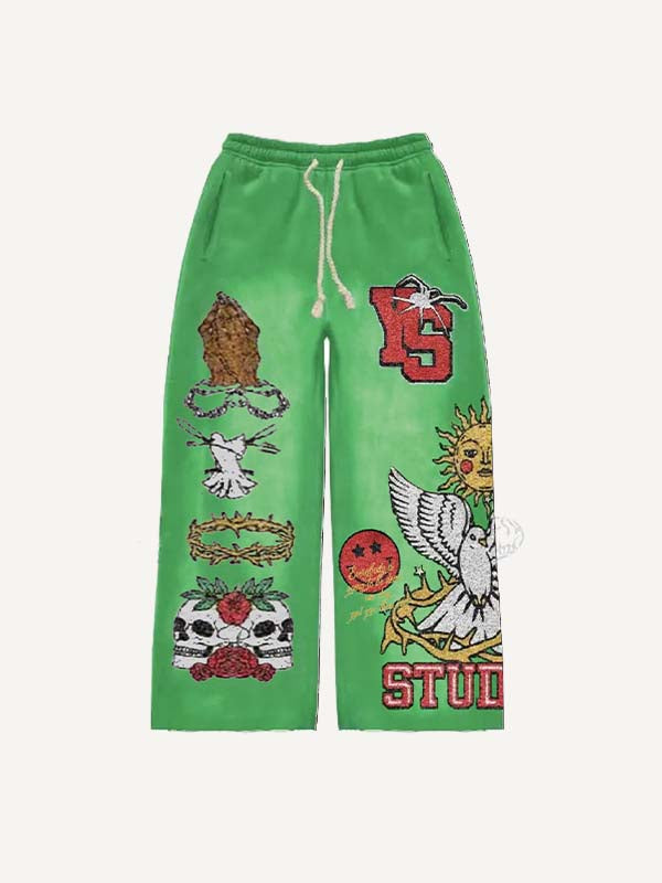 Sun&Animal&Pray&Skull Faux Decal Print Elastic Waist Pants