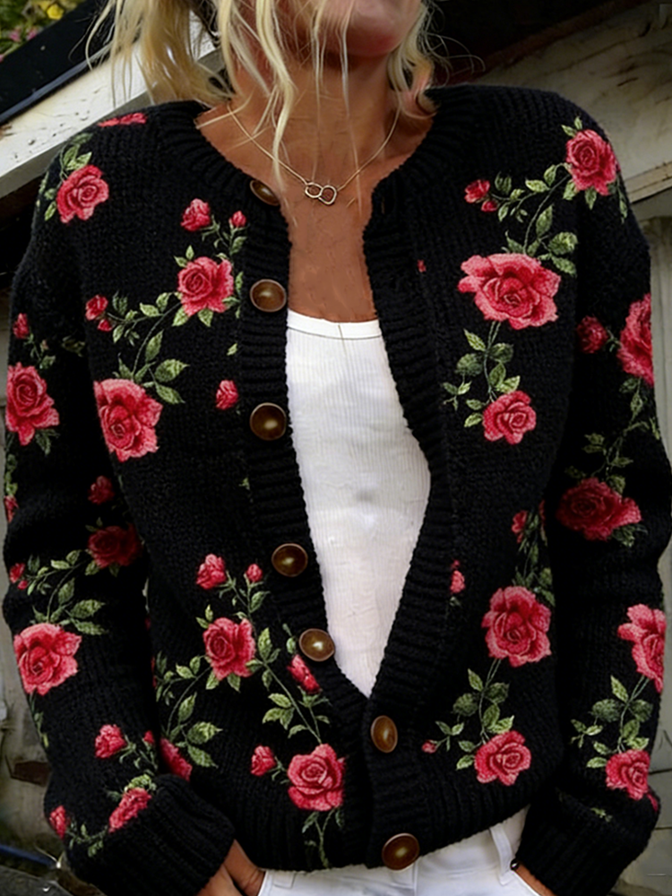 Bohemian Style Rose Pattern Women's Cardigan Sweater
