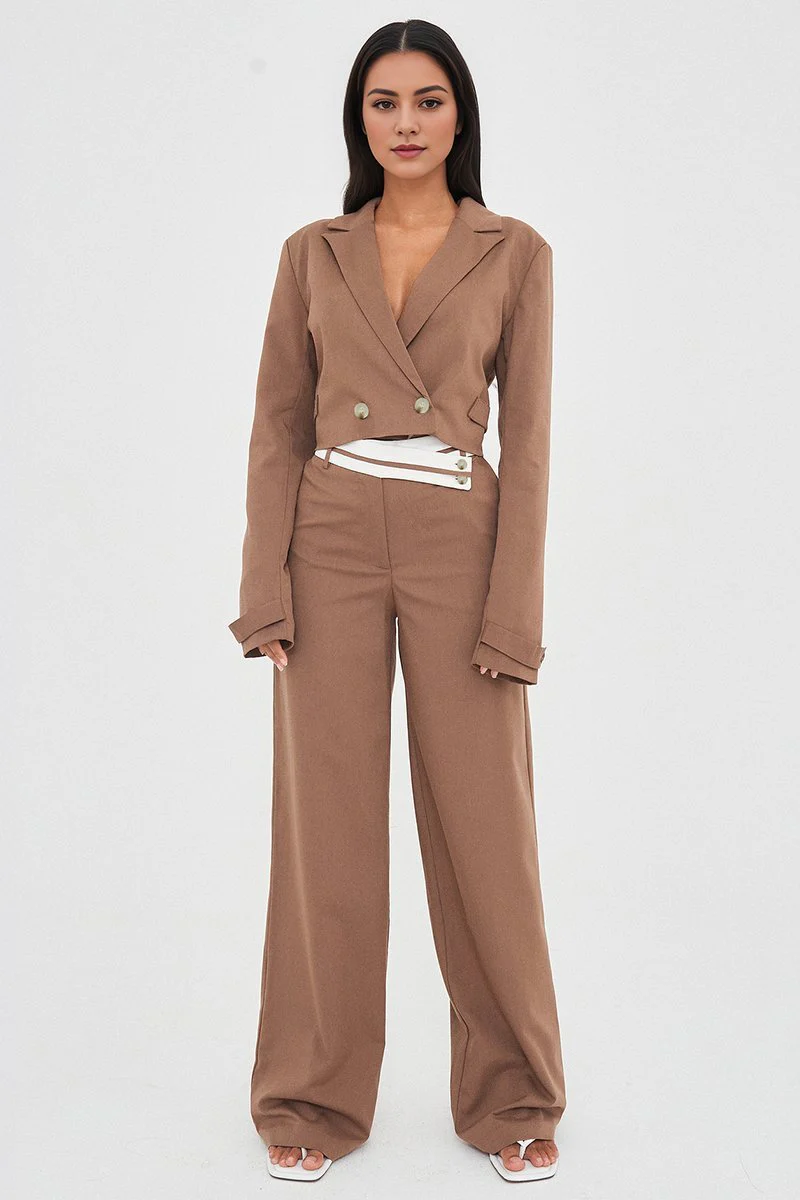 Casual Deep V Button Cropped Blazer & Loose Trousers Co-ord