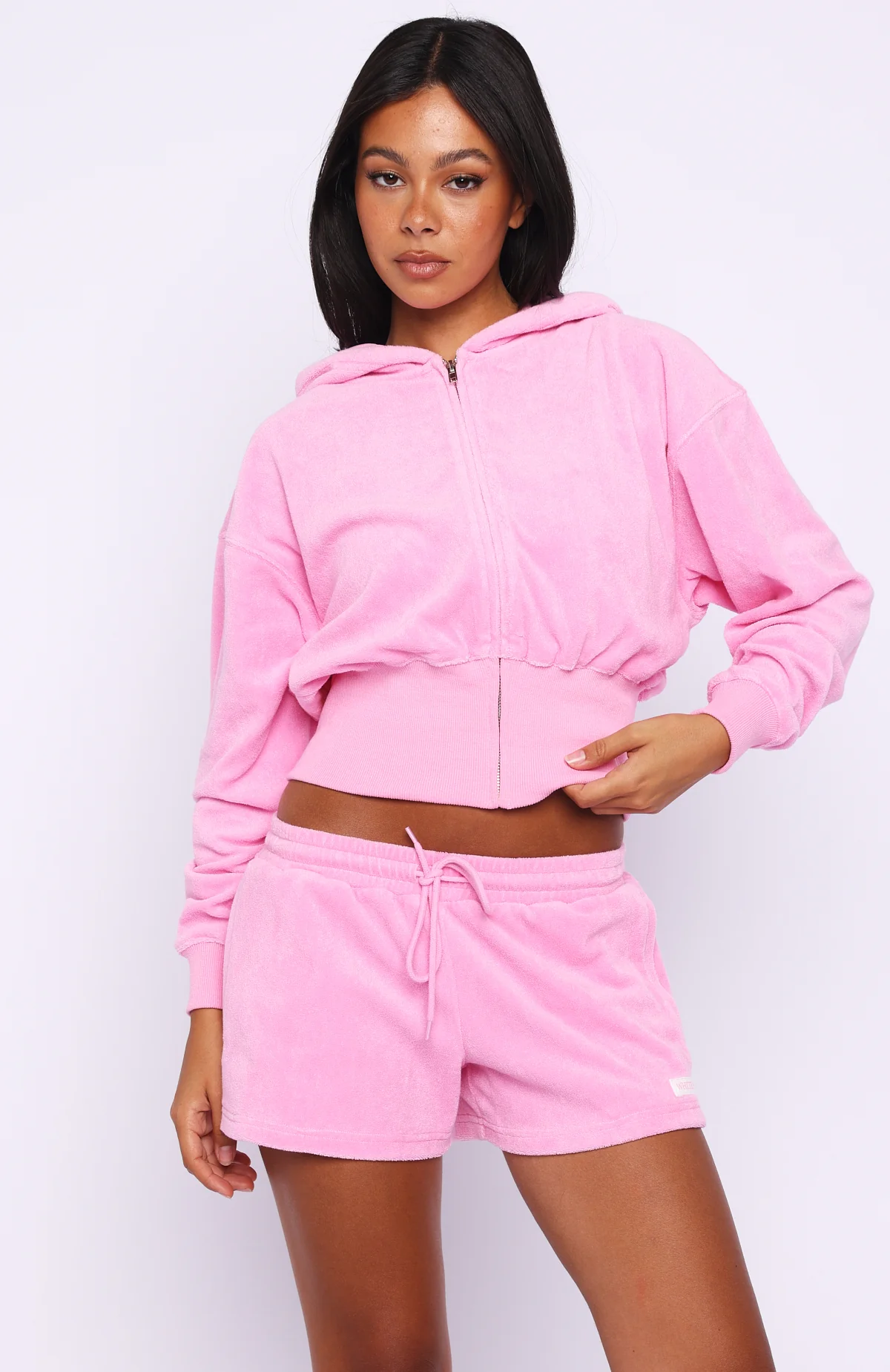 Causing Commotion Terry Cropped Cinched Zip Front Hoodie Pink