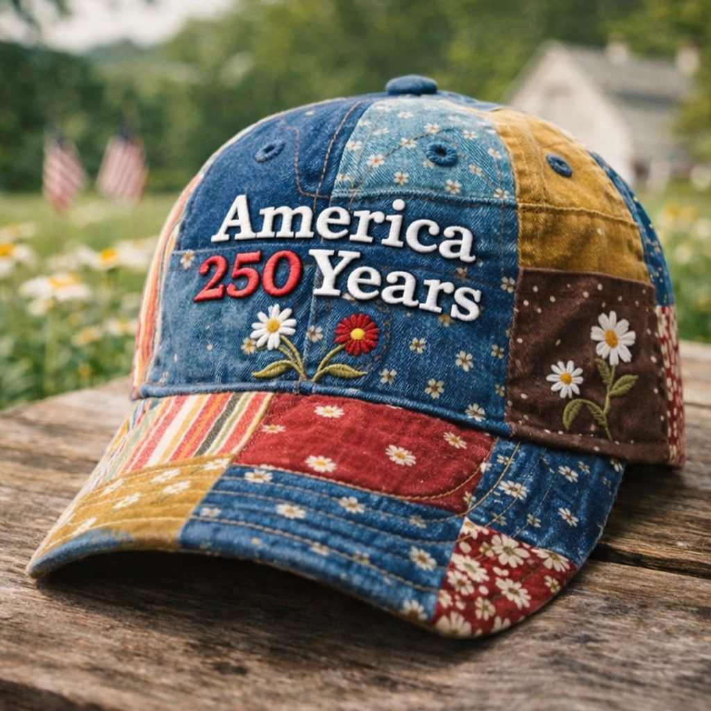 America 250 Years Vintage Patchwork Embroidered Baseball Cap – Floral Denim Patriotic 250th Anniversary Dad Hat