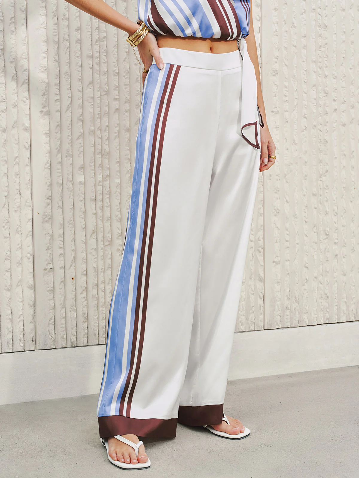 Side Stripe Satin Wide-Leg Pants