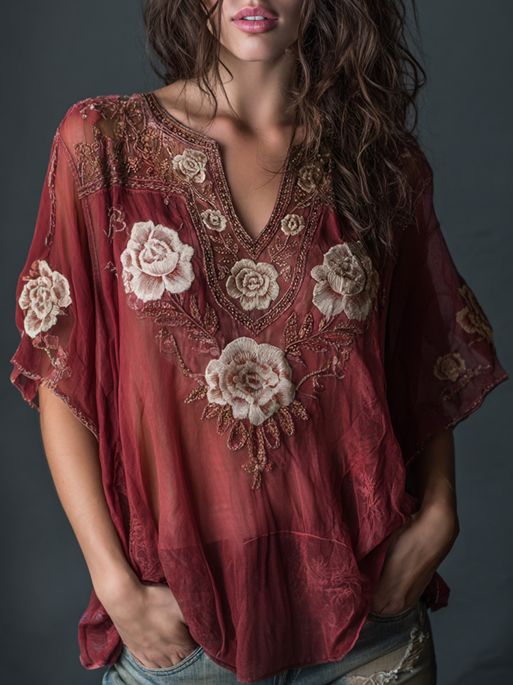 Women's Bohe Floral Embroidered Art Print Flowy Linen Blend Casual Short Sleeve Tops