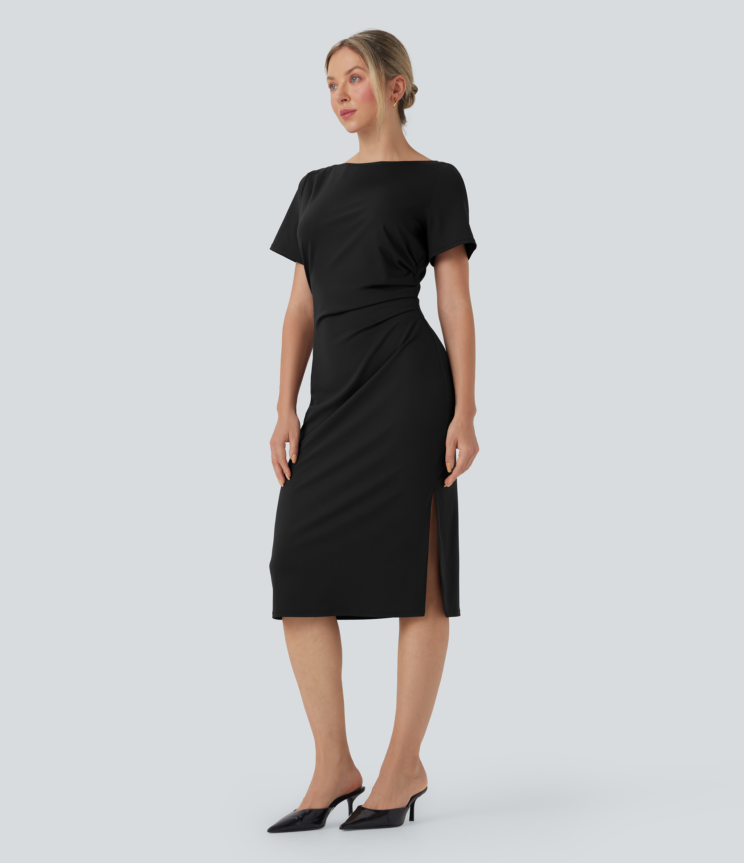 Short Sleeve Ruched Bodycon Midi Work Dress