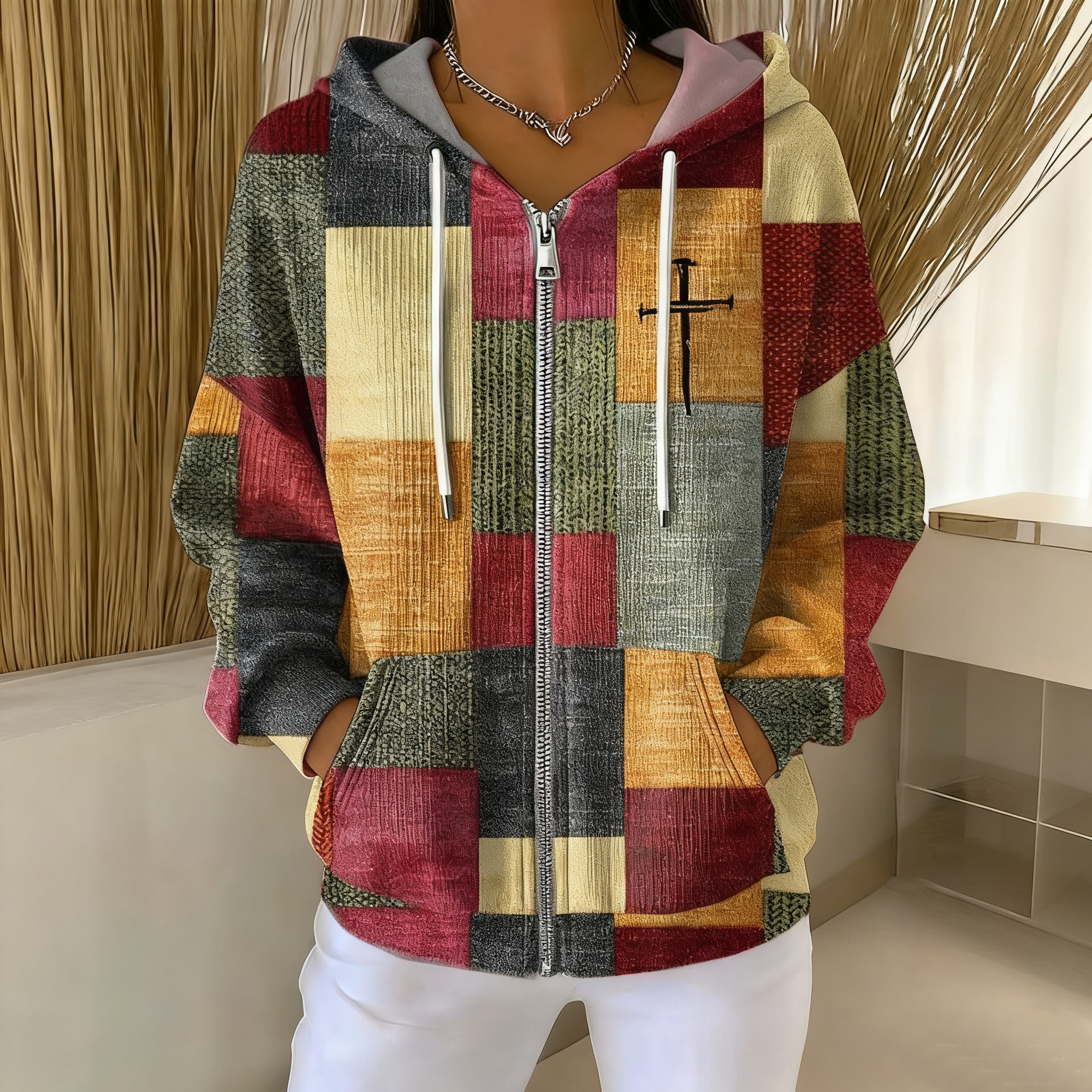 Women's Casual Retro Color Block Faith Print Hoodie Jacket