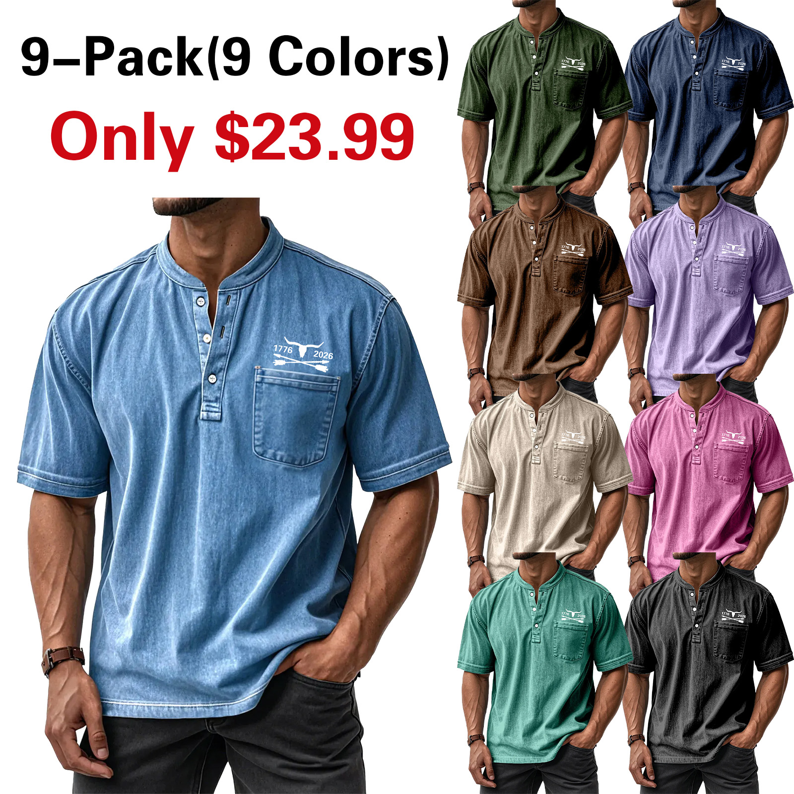Men's Washed Cotton Short Sleeve Henley T-Shirt