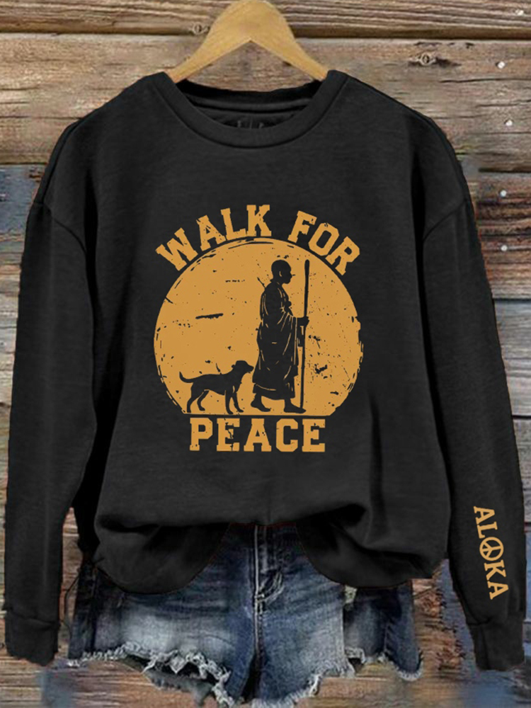 Women's Vintage Walk For Peace Print Crew Neck Casual Sweatshirt