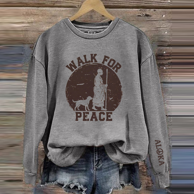 Women's Vintage Walk For Peace Print Crew Neck Casual Sweatshirt