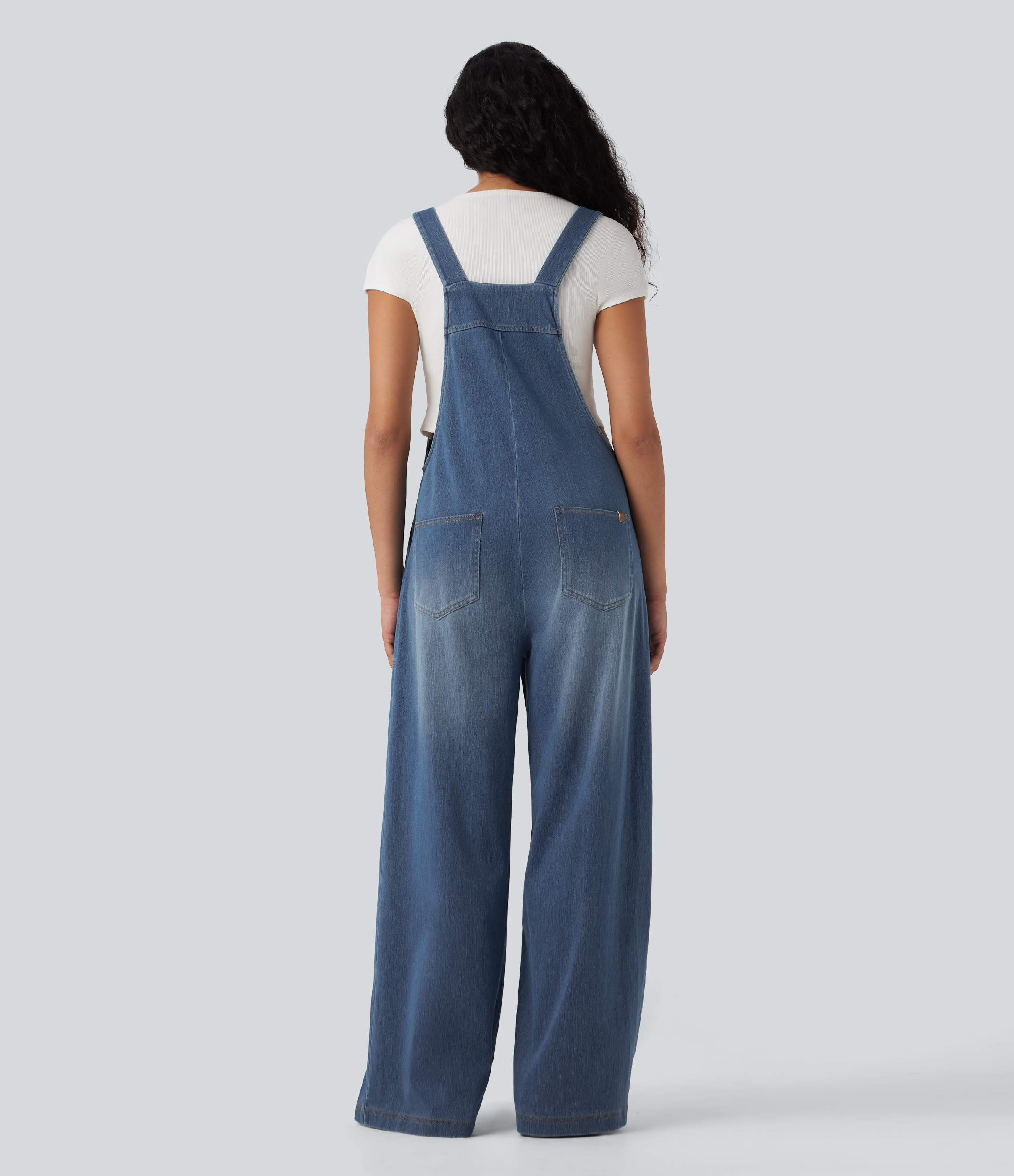 Halara Flex™ Square Neck Washed Denim Casual Overalls with Pockets