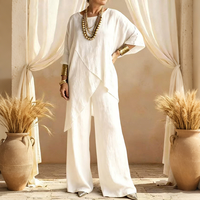 Women's Comfy Linen Blend Flowy Double Layer Design Top And Pants Two-piece Set