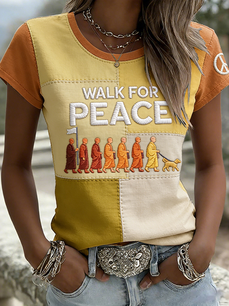 Women's Retro Walk For Peace Patchwork Art Print T-shirt