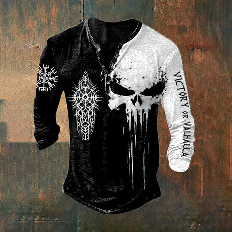 Vintage Viking Graphics Henley Collar Long Sleeves T-Shirt
