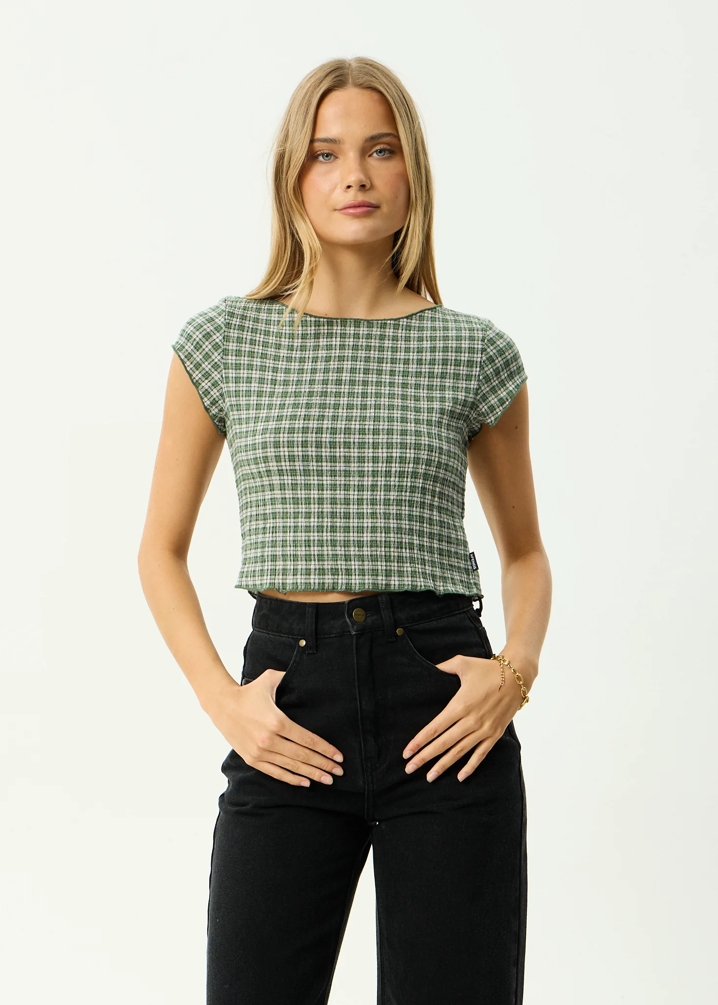 AFENDS Womens Darcy - Seersucker Top - Deep Green Check