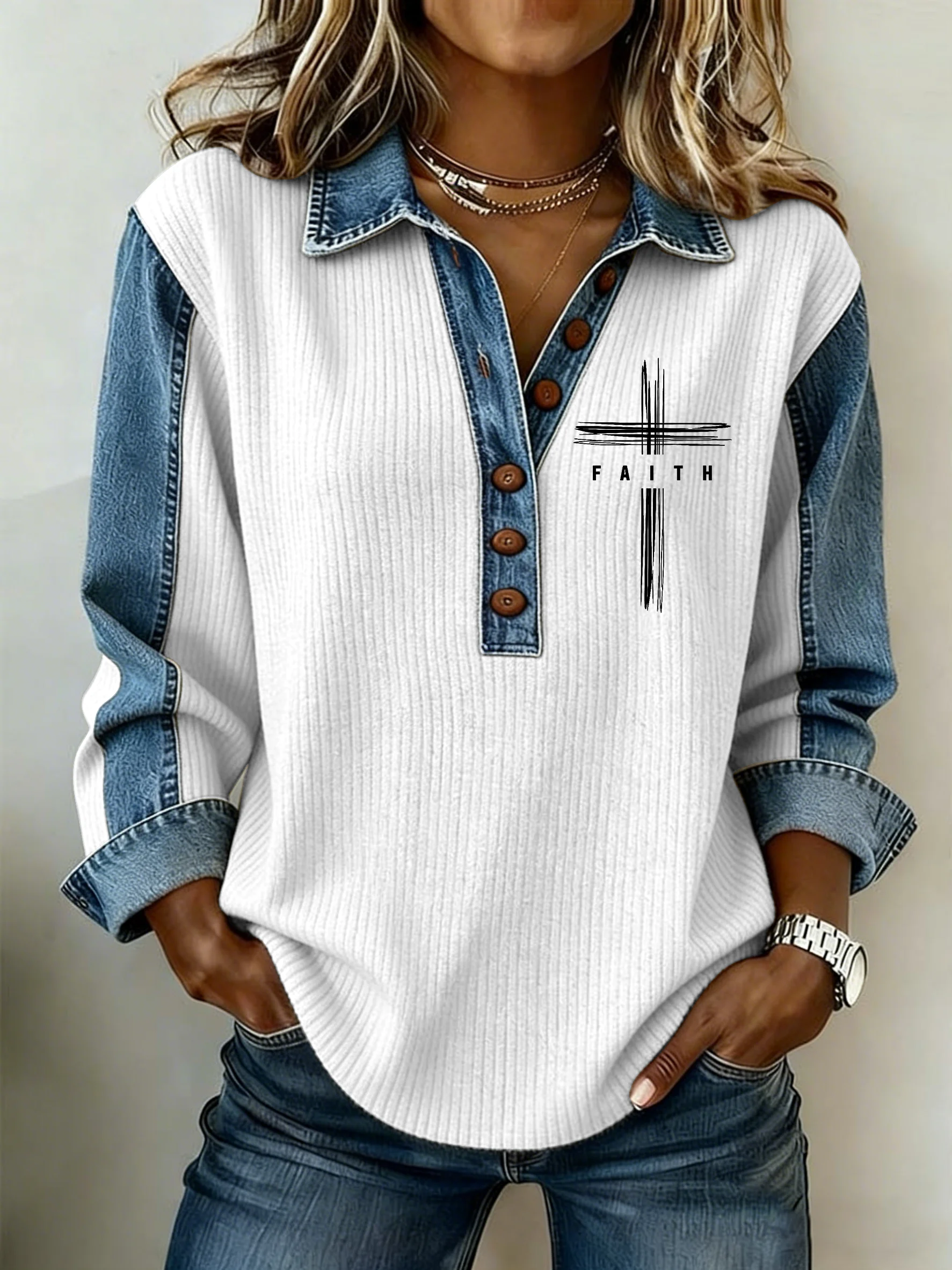 Women's Faith Printed Collar Button-Down Knit Top-Fast Shipping