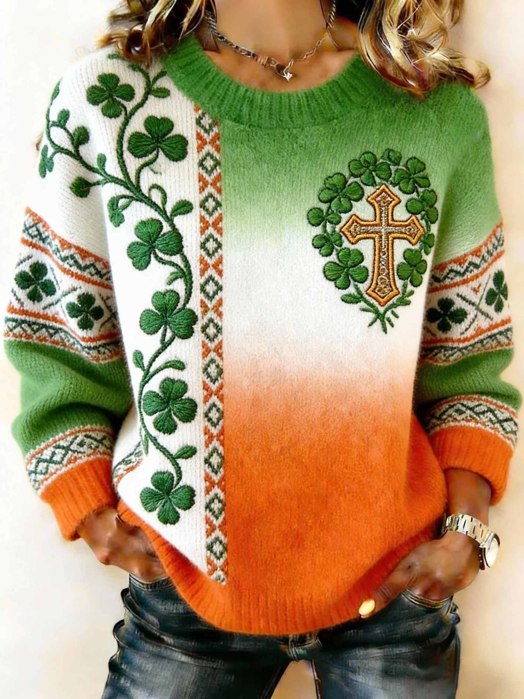 Women's St. Patrick's Day Clover Cross Print Crew Neck Sweater-Fast Shipping