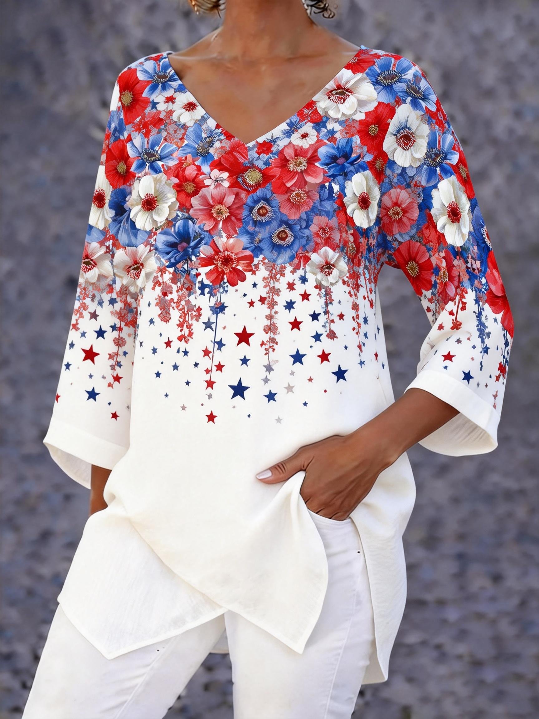 Women's casual red, blue and white floral cotton and linen top
