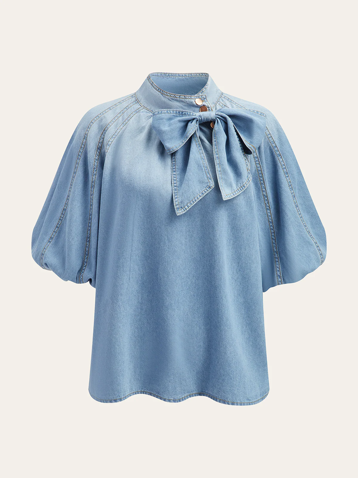 Denim Puff-Sleeve Top With Bow Detail