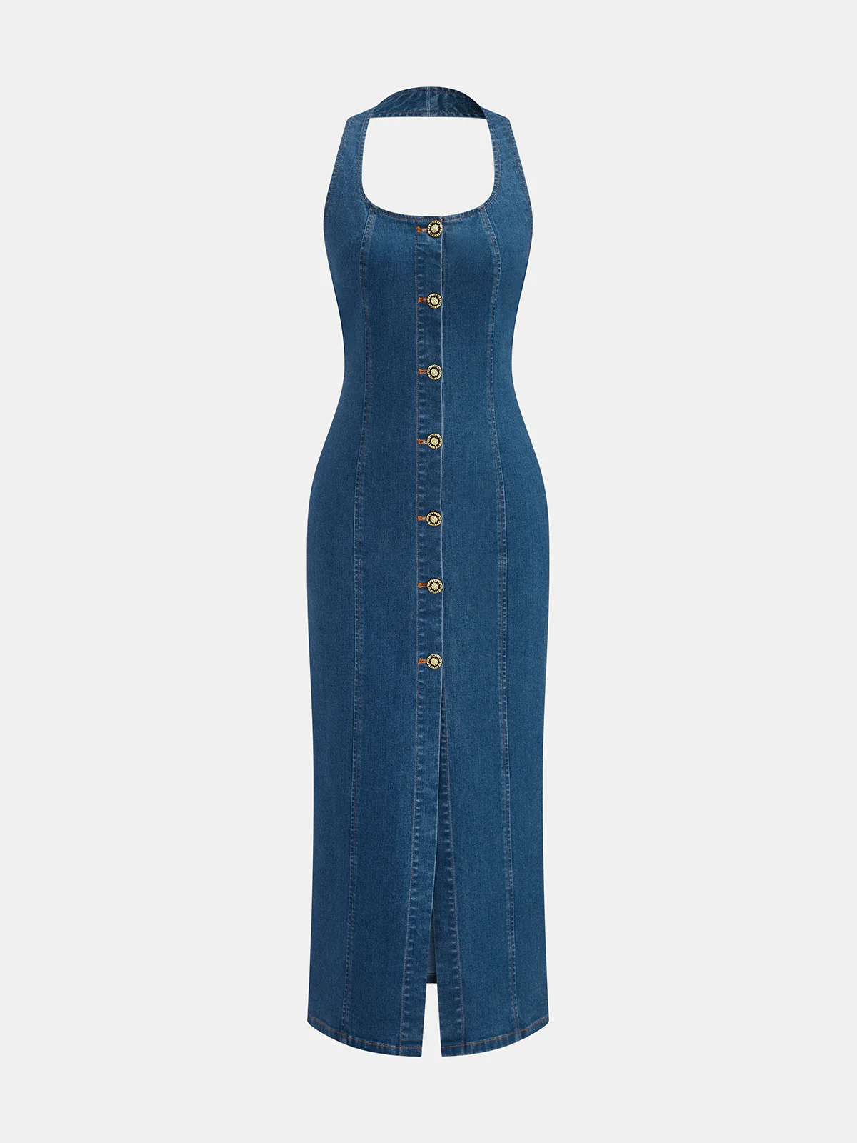 Denim Halter Button Front Maxi Dress