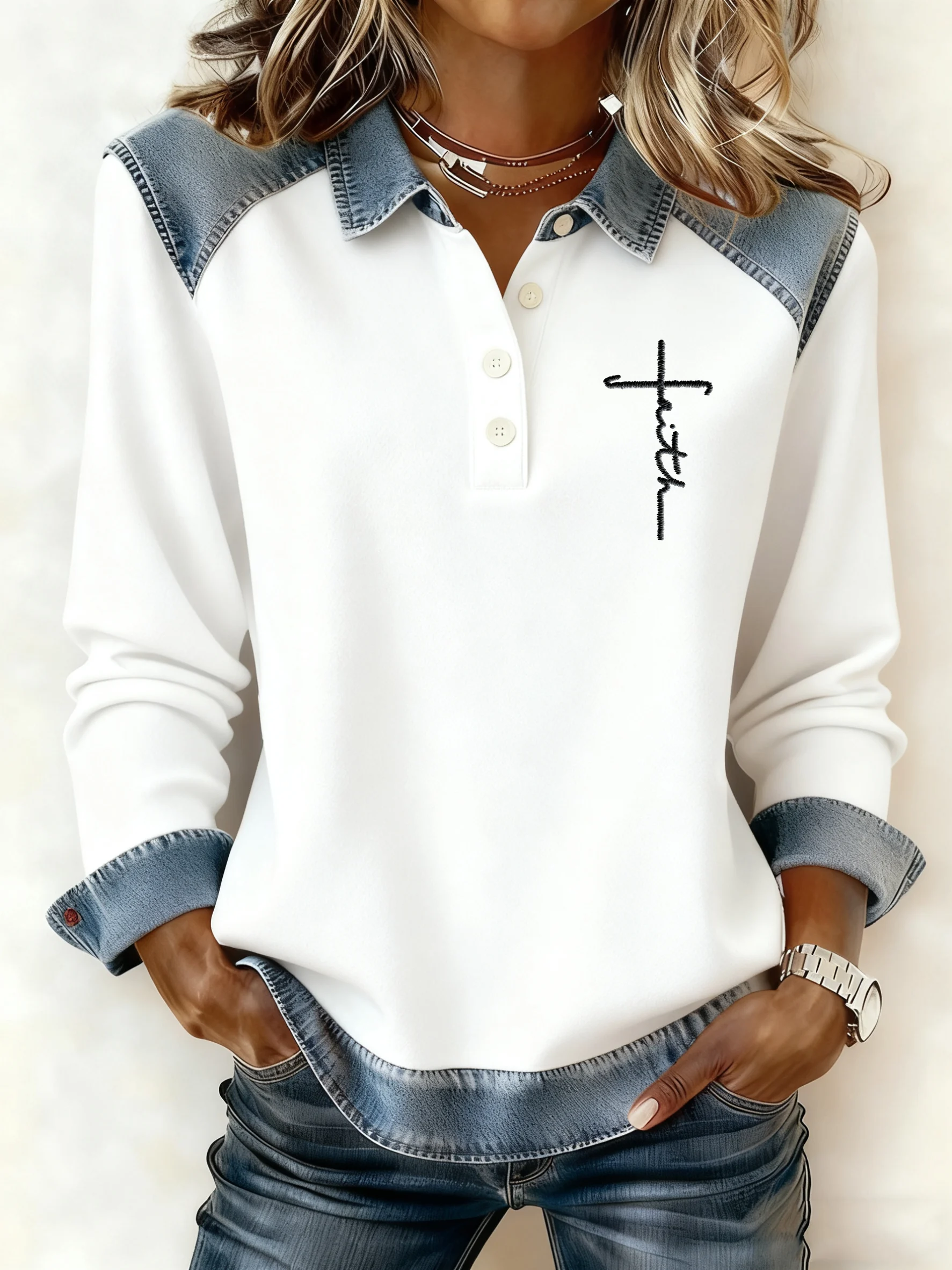 Women's Winter Faith Cross Faux Denim Print Top-Fast Shipping