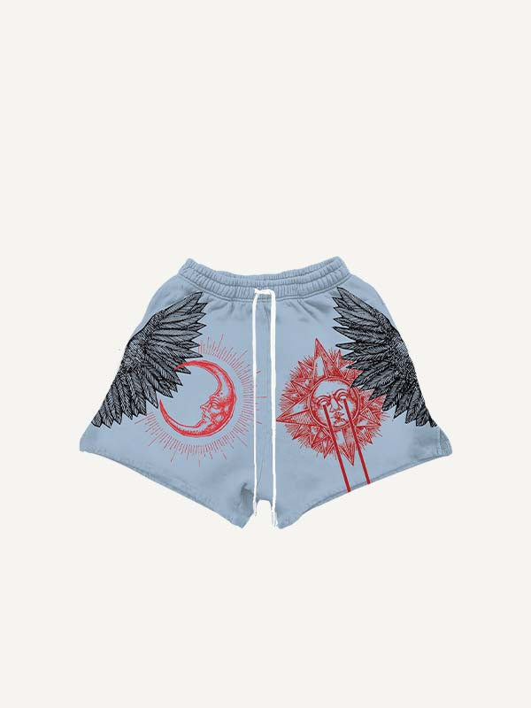 Sun&Moon&Wing&Eye&Palm Print Drawstring Waist Shorts