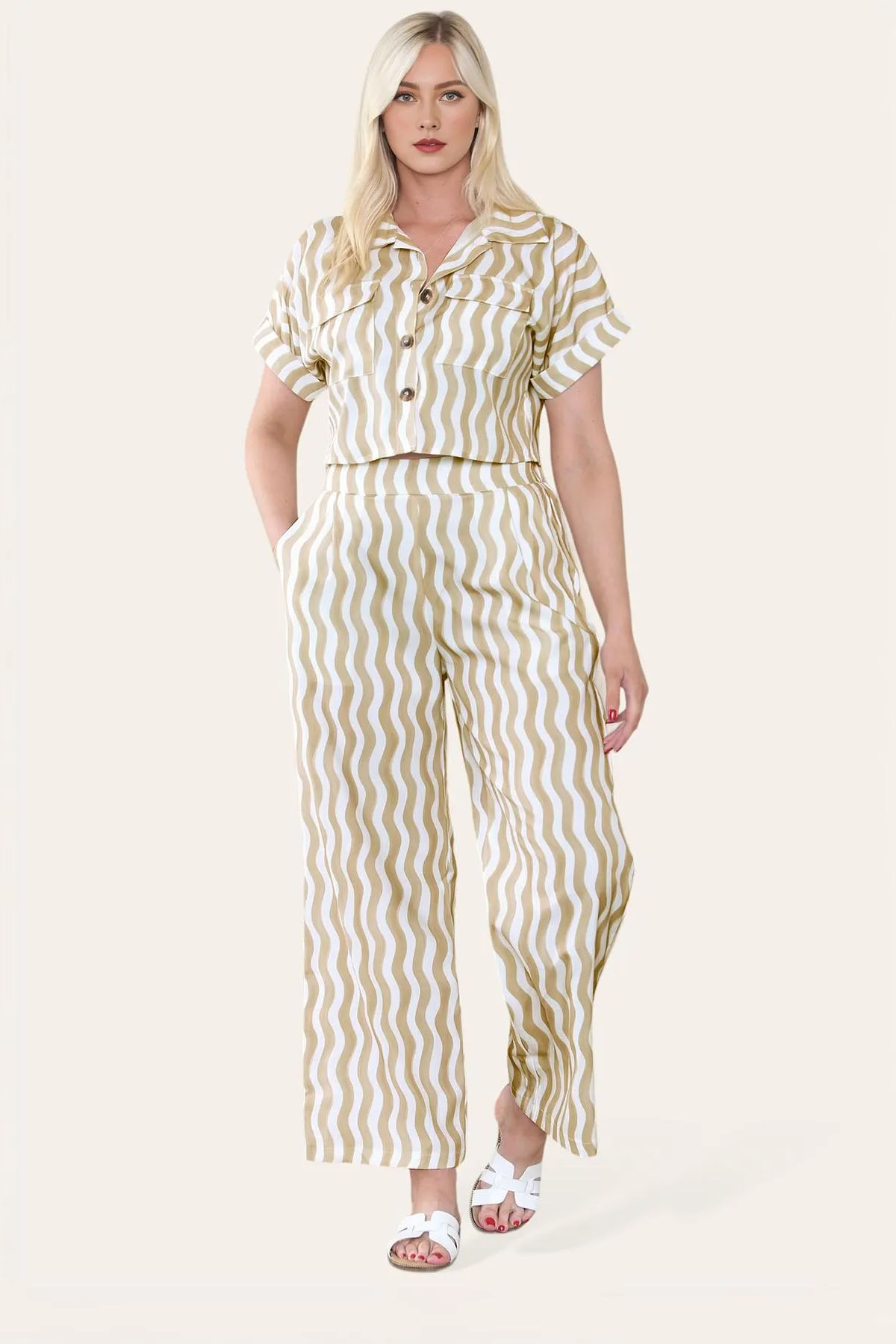 Leisure Wave Stripe Collared Flap Pocket Crop Shirt & Wide Leg Trousers Co-ord