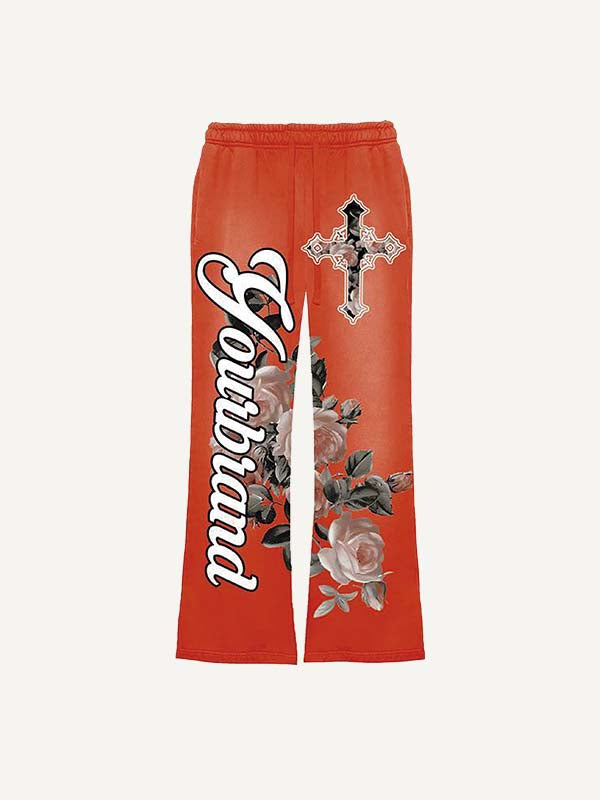 Cross&Floral&Letter Print Elastic Waist Pants