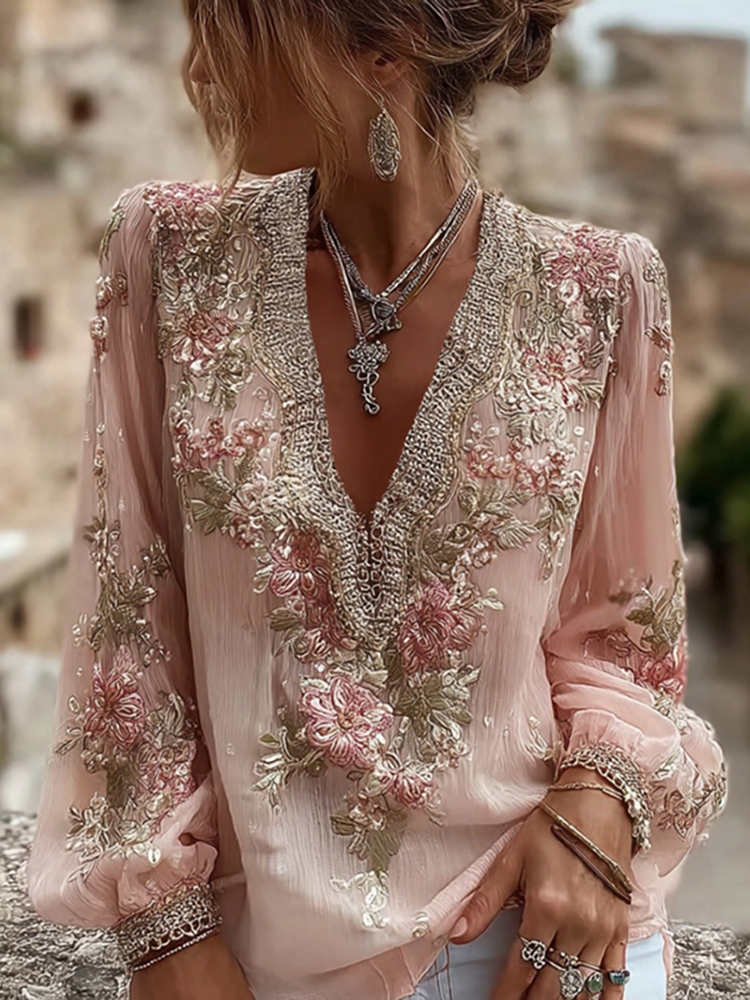 Women's Floral Embroidered Art V-neck Blouse