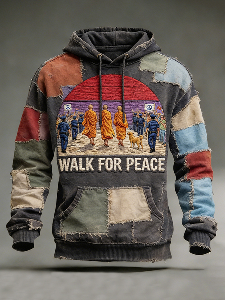 Walk For Peace Artistic Patchwork Print Hoodie