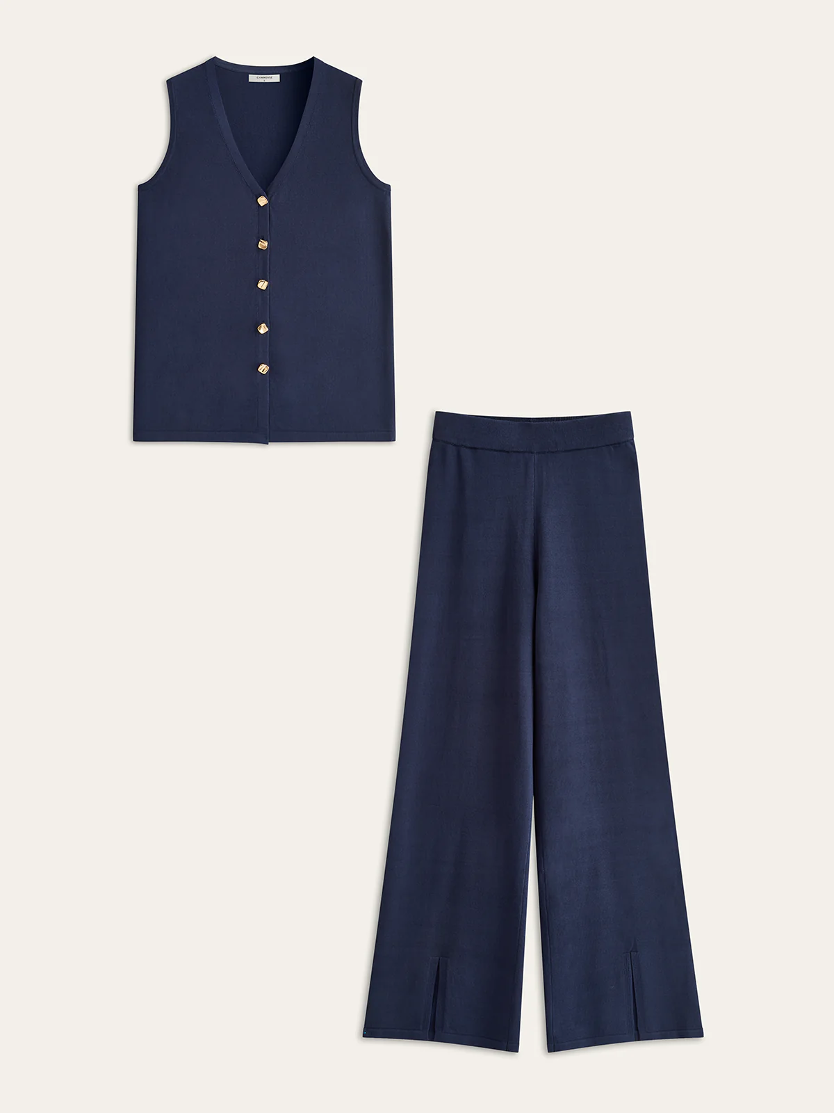 Golden Button Knit Vest Pants Set