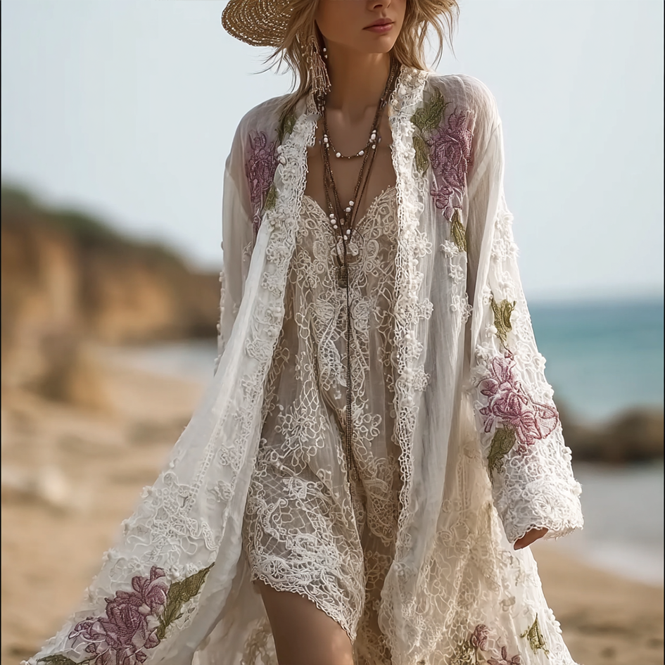 Women's Spring And Summer Linen Lace Patchwork Casual Long Cardigan