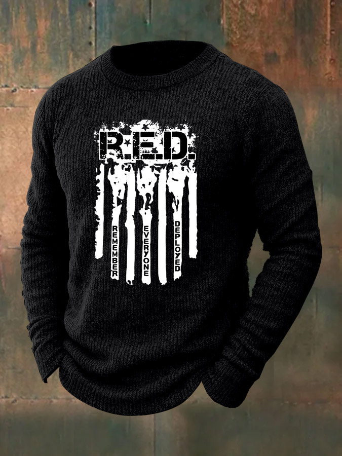 Men's  RED Friday Remember Everyone Deployed  Pattern  Wool Blend Classic Crew Neck Sweater