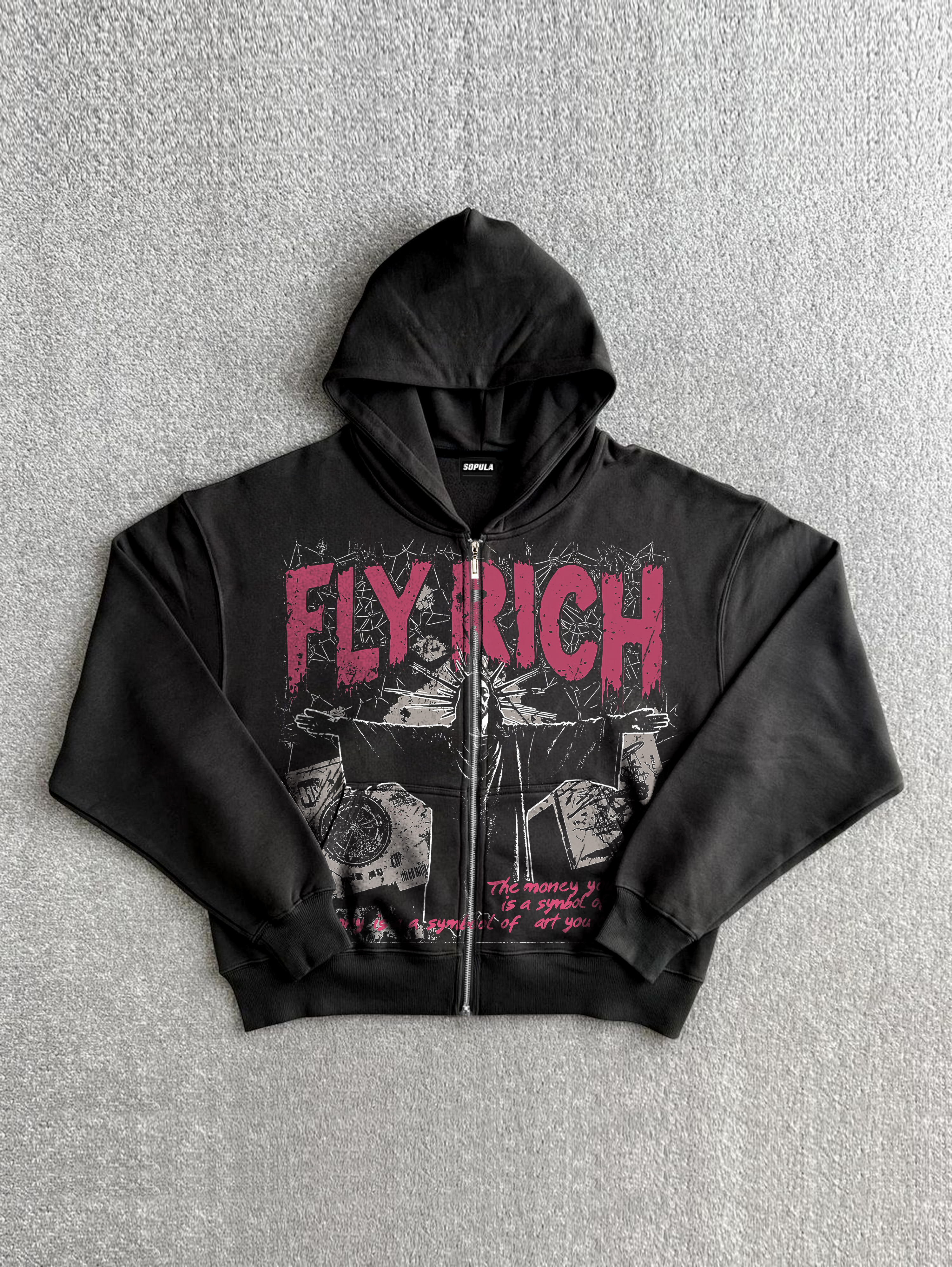 Vintage Flyrich Faith Graphic Print Zippered Hoodie