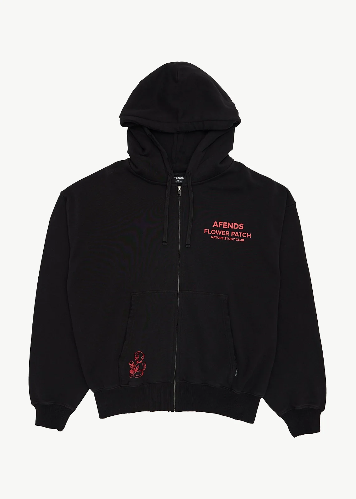 AFENDS Mens Flower Patch - Boxy Zip Hood - Stone Black