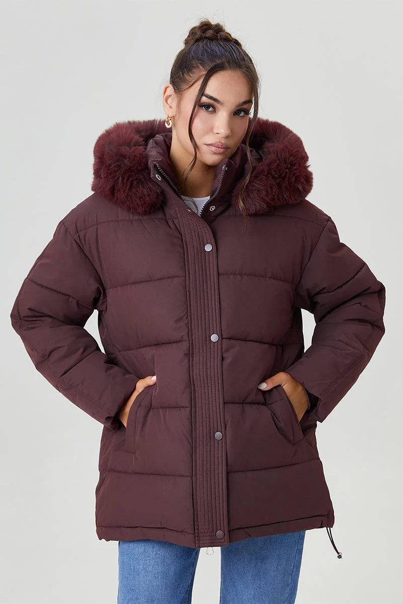 Women's Classy Solid Color Fluffy Hooded Zip-Up Belt Decor Mid-Length Cotton Coat