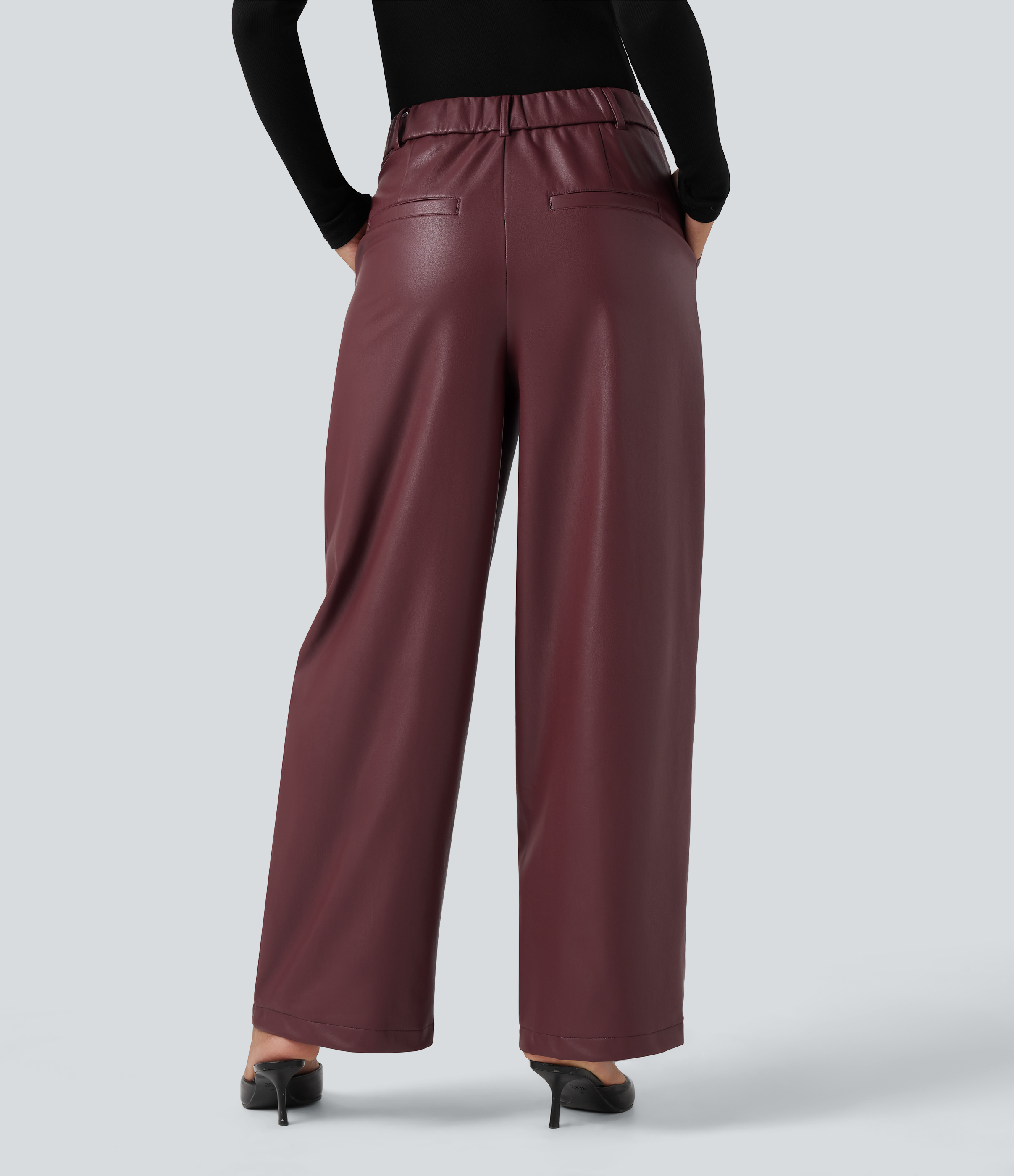 High Waisted Wide Leg Fleece Casual PU Leather Pants with Pockets