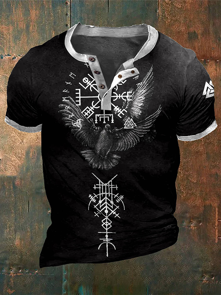 Men's Tribal Viking Bird Graphics Contrast Henley Collar T-Shirt