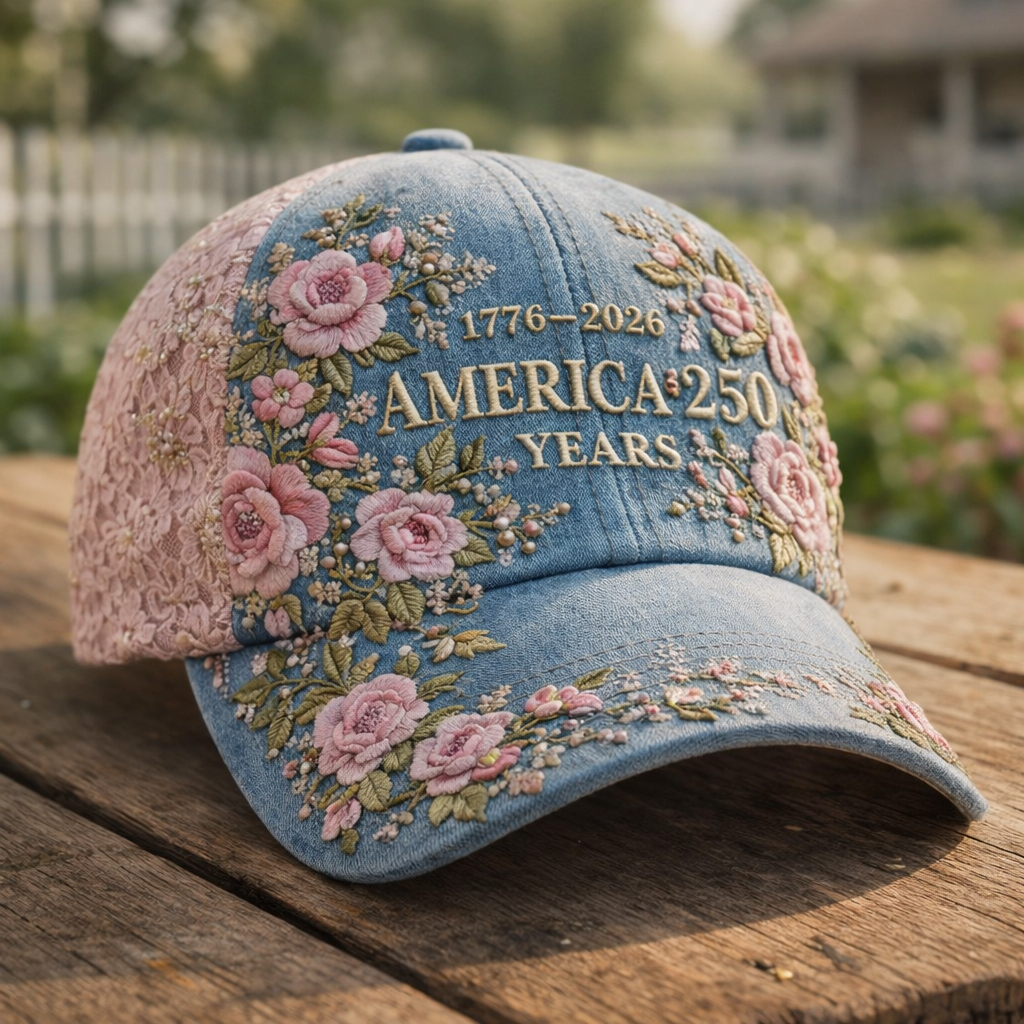 America 250 Years Anniversary Embroidered Baseball Cap – 1776–2026 Commemorative Floral Denim & Lace Adjustable Hat