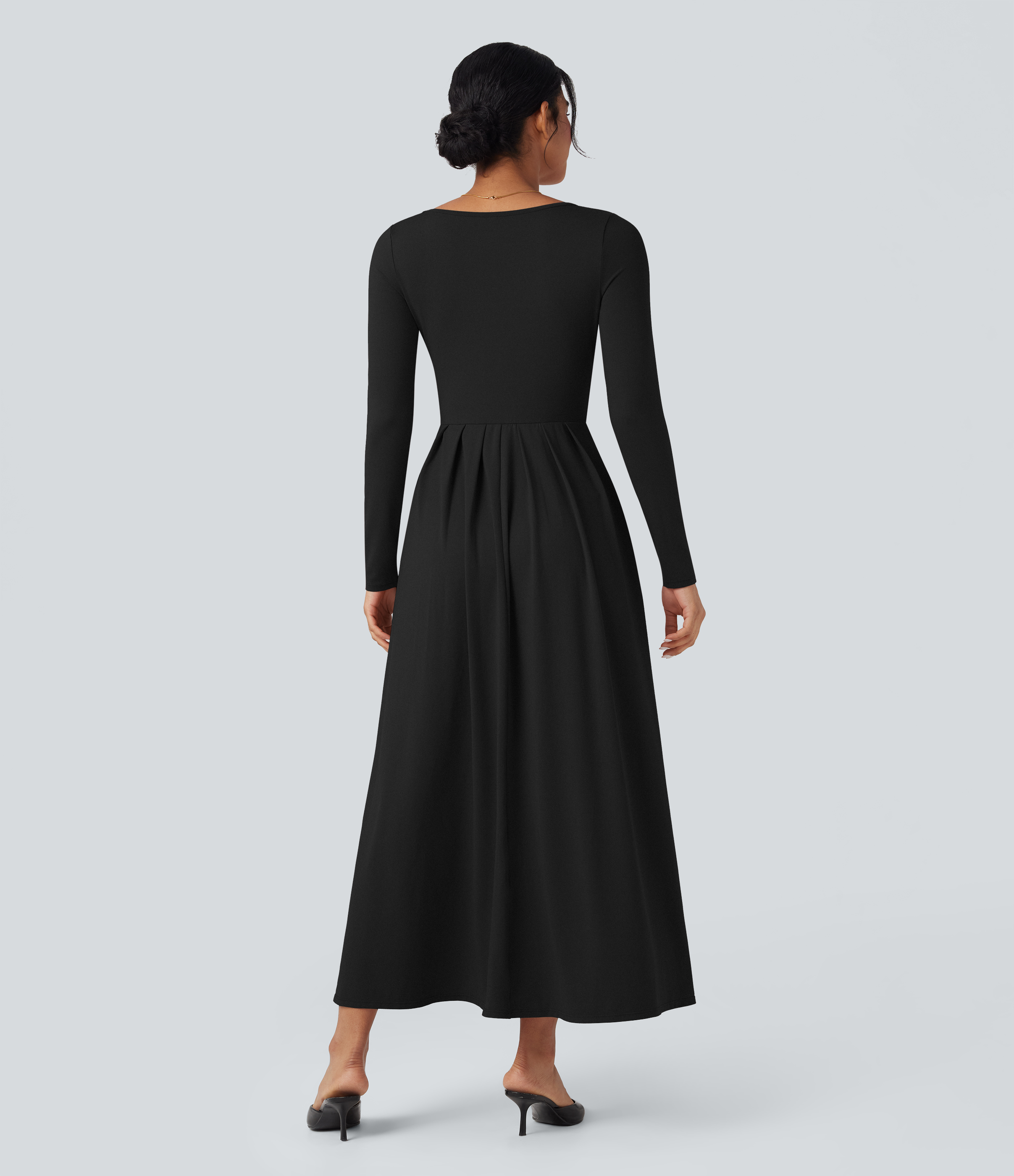 Scoop Neck Long Sleeve Flare Maxi Casual Dress with Pockets