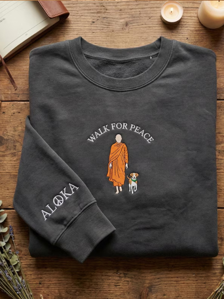 Retro Peace Monk And Alok Dog Embroidery Crew Neck Sweatshirt