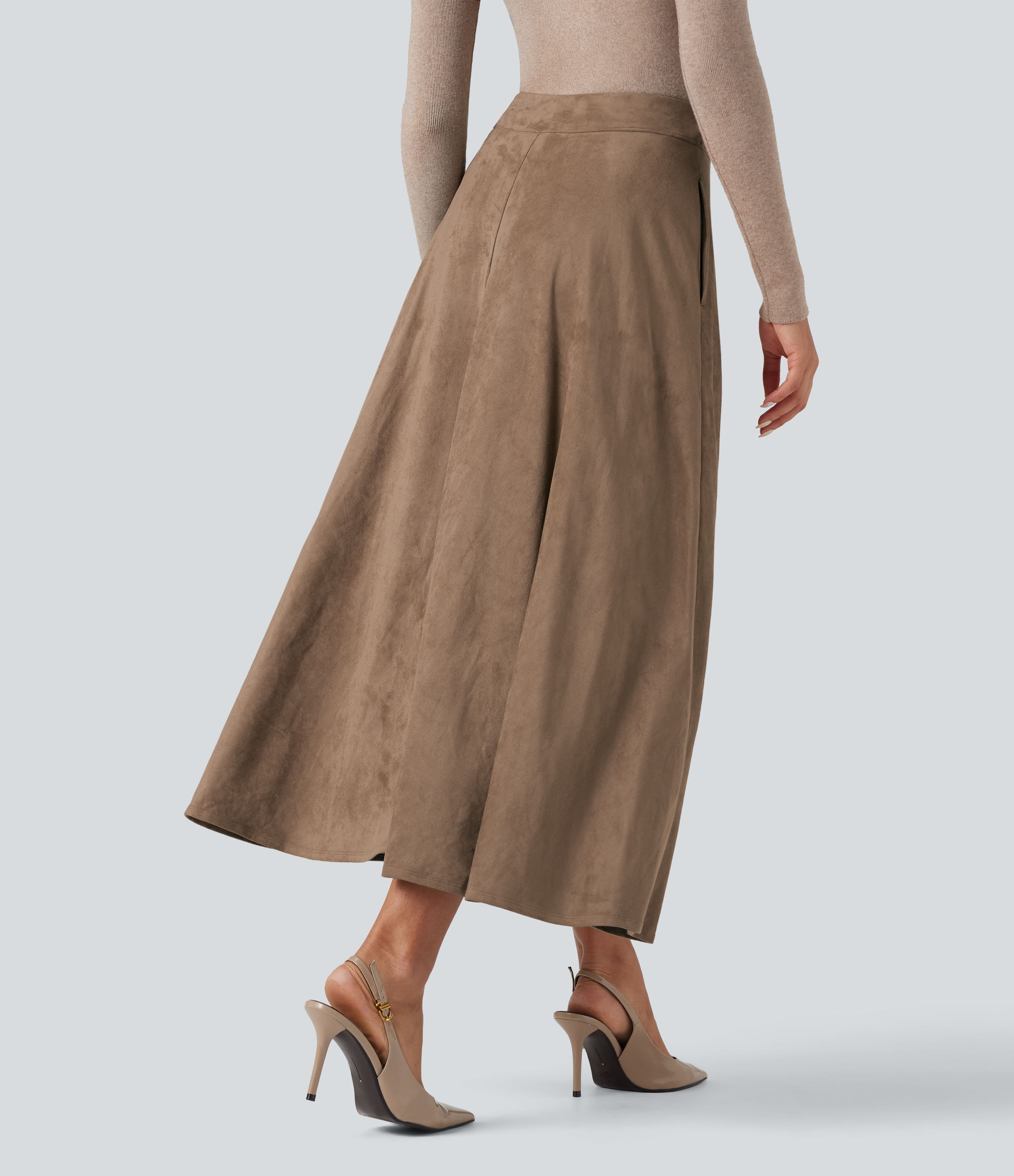 High Waisted Suede Midi Casual Flare Skirt with Pockets