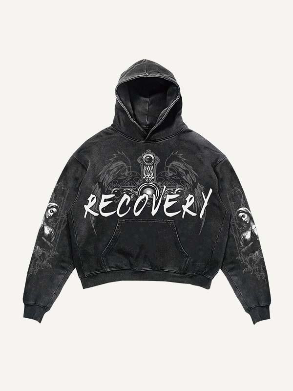 Skeleton&Figure&Cross&Wing Print Slant Pockets Hoodie