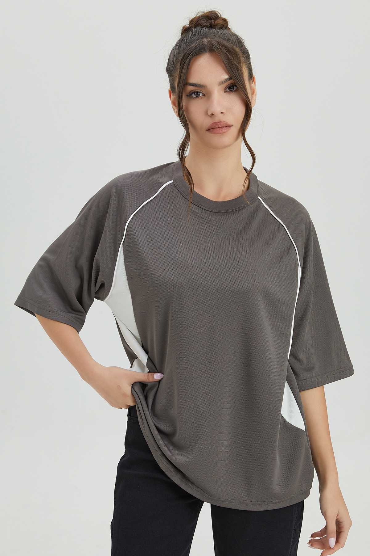 KatchMe Athleisure Breathable Contrast Stripe Round Neck Short Sleeve Top