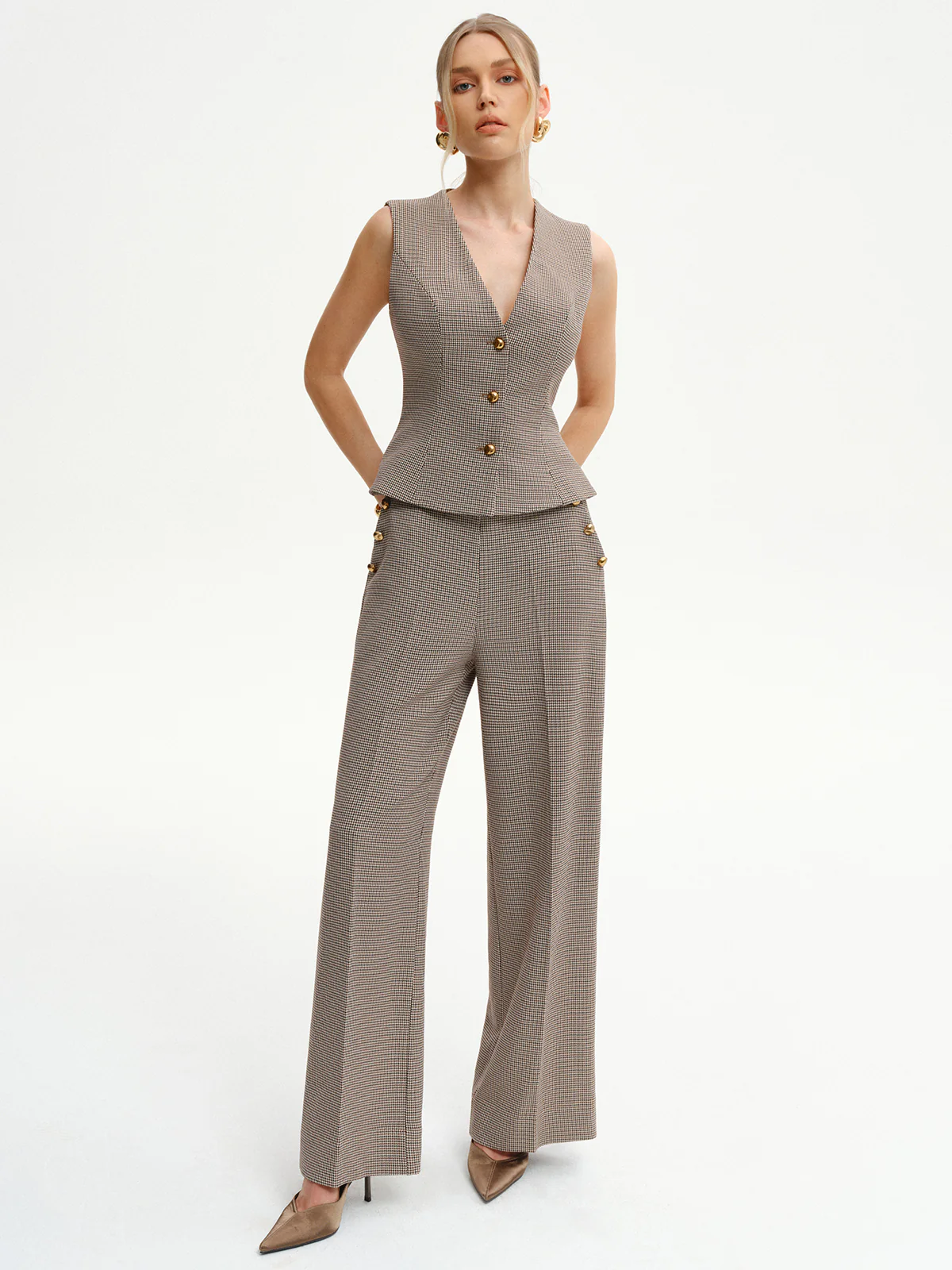 Houndstooth V-Neck Button Vest